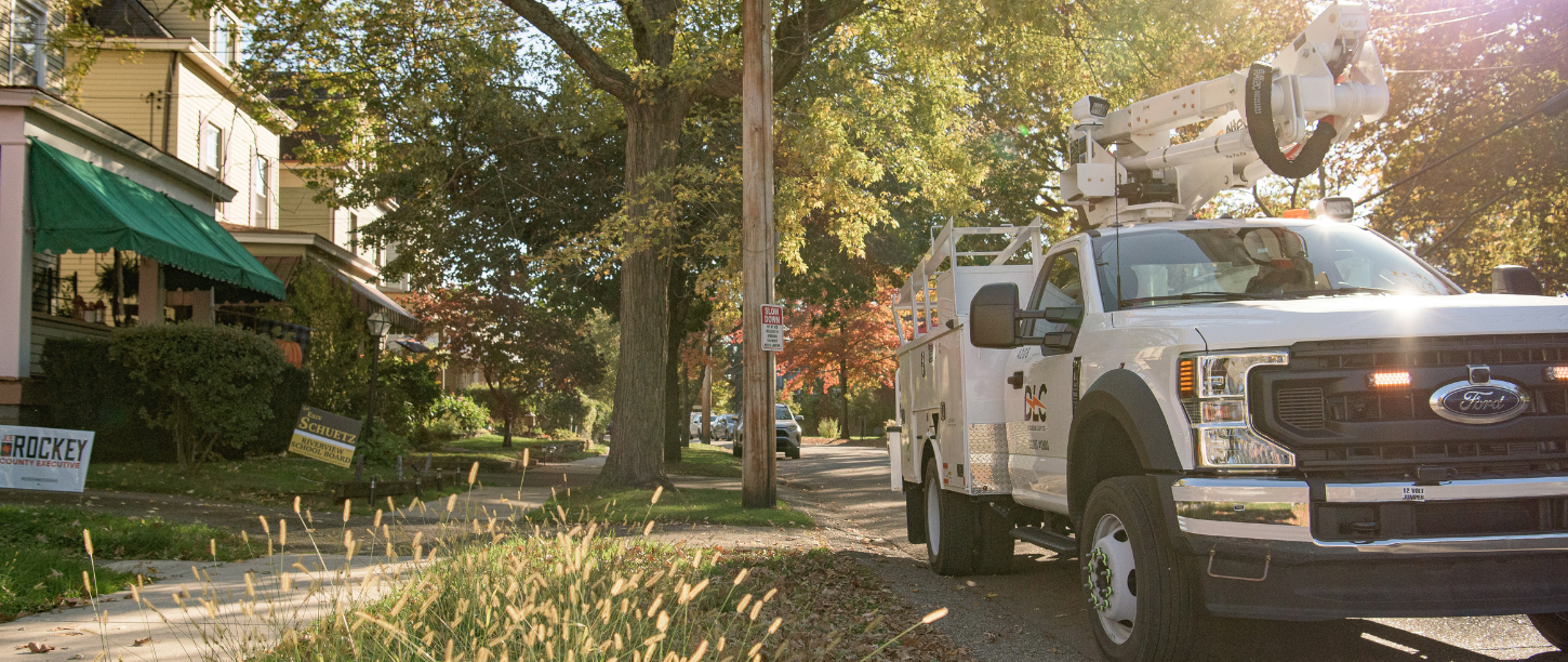 Bucket truck parked on residential street